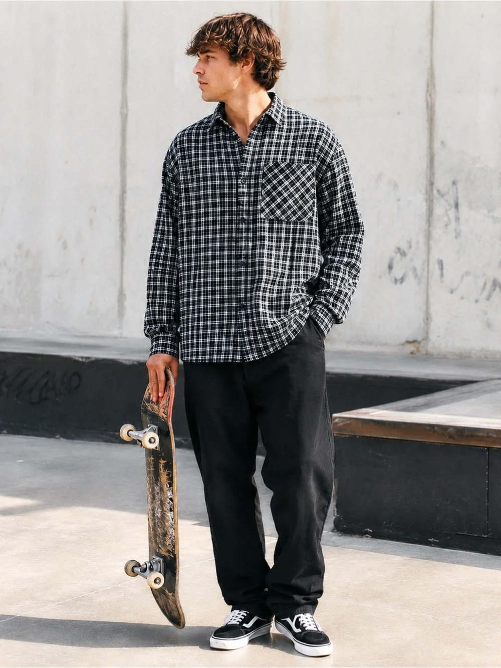 No Boundaries Men's Large Oversized Black Soot Plaid Flannel Shirt Soft Skater - Picture 1 of 10